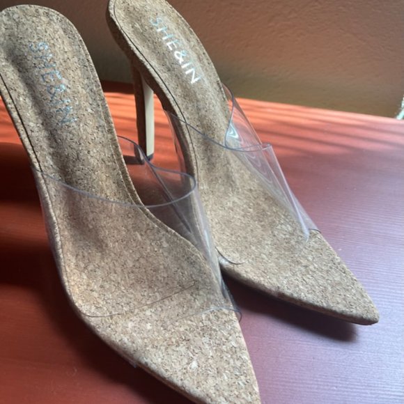 NWOT Womens Clear Cork Shein Stiletto Slip on heels - Picture 3 of 6